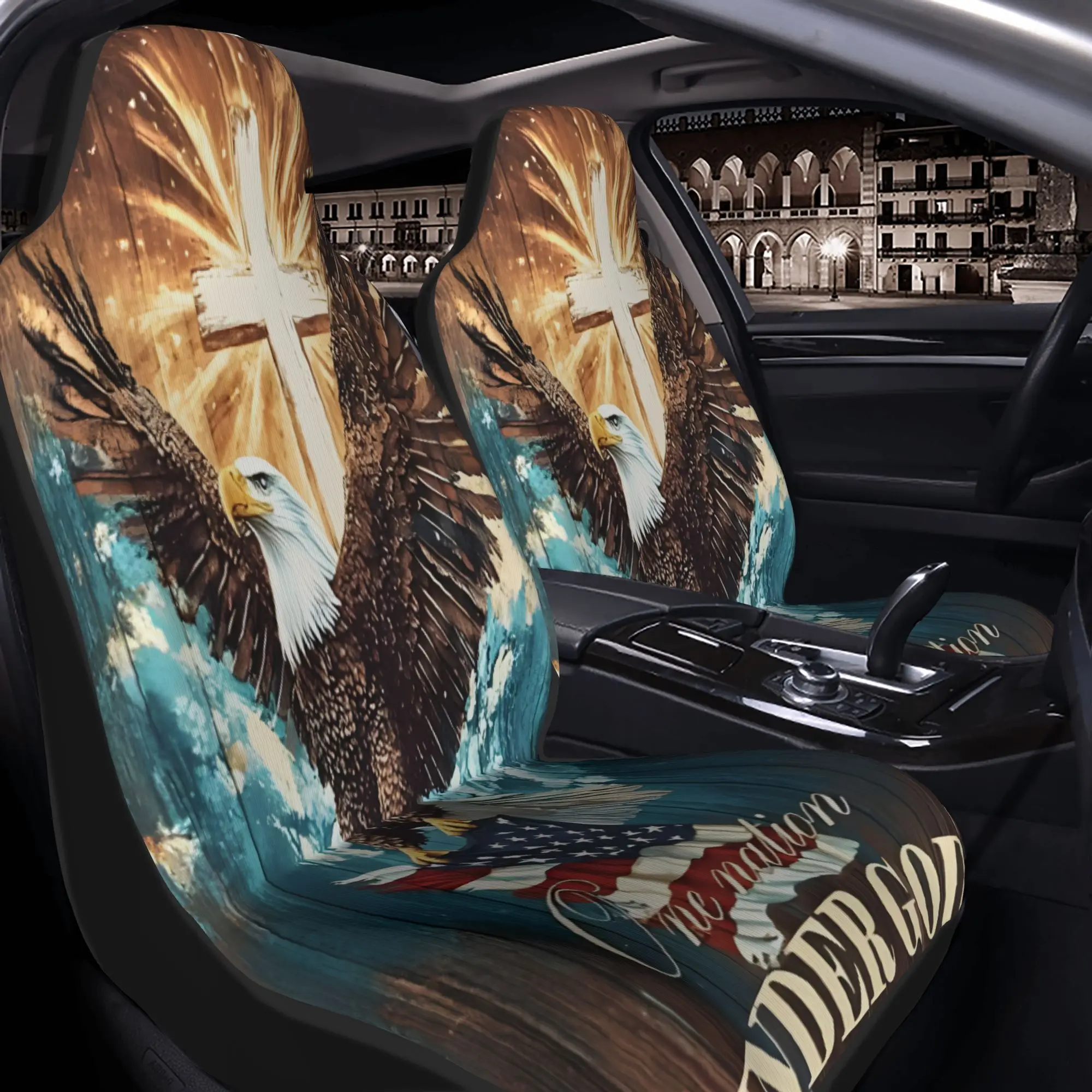 2pcs Patriotic Eagle & American Flag Car Seat Covers - One Nation Under God Design, Fit For All Vehicles, Durable Polyester, No-