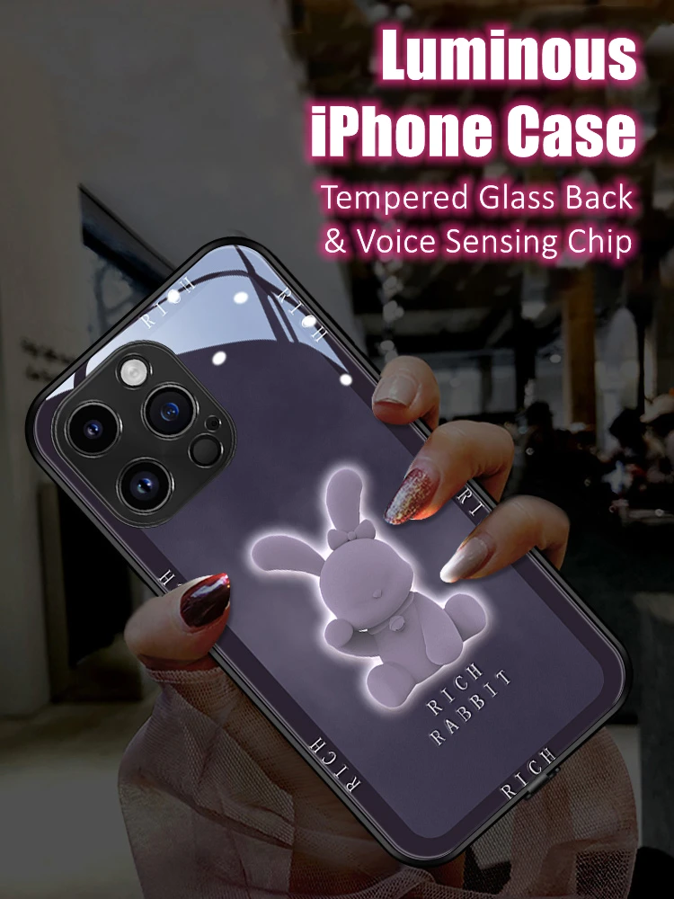 

Lovers Cute Rabbit LED Light Glowing Luminous Tempered Glass Phone Case for iPhone 11 12 13 14 15 X Xs Xr Mini Pro Max Plus