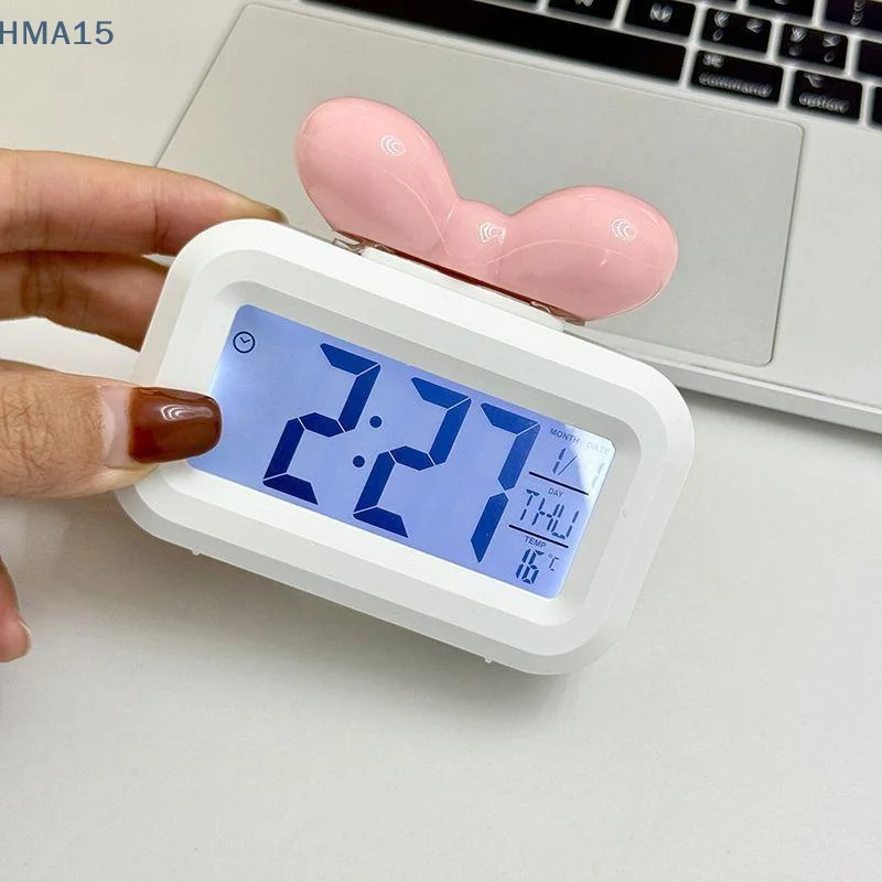 【YA】LED Bowknot Digital Alarm Clock Temperature Detection Soft Glow Night Light for Desktop Bedroom Use