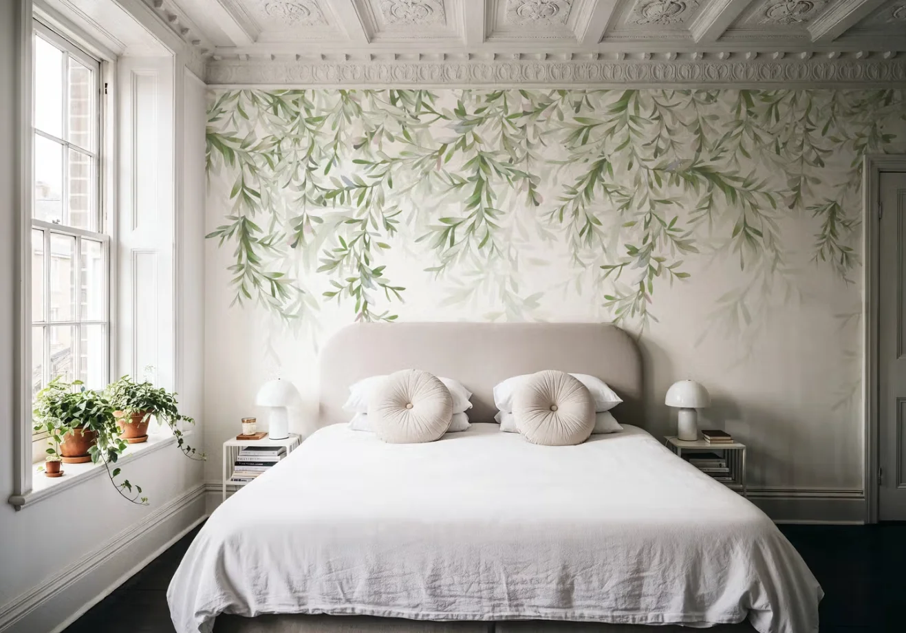 Customized size mural with soft green and white leaves gently falling on a white background and quiet aerial branches wallpaper