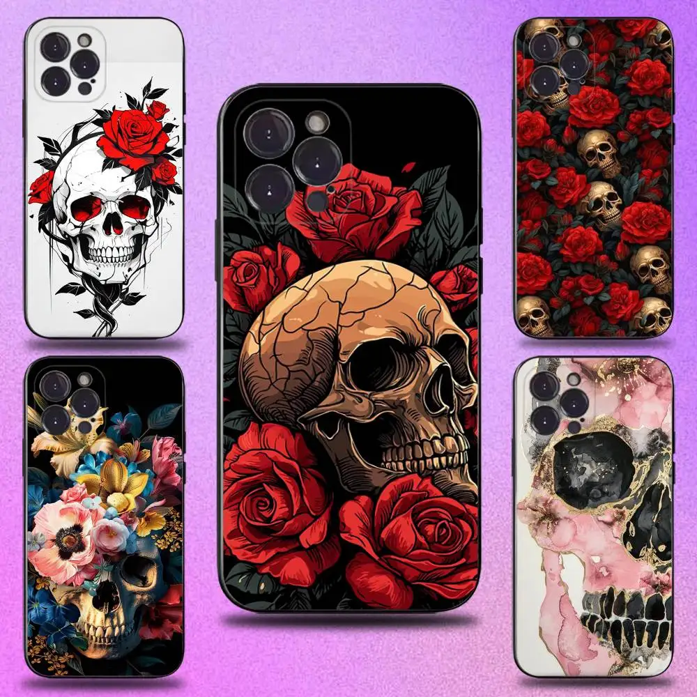 

Skull Floral Cartoon Phone Case For iPhone 17,16,15,14,13,12,11 Plus,Pro Max,XS,X,XR,SE,Mini,8,7,Soft Silicone Black Cover