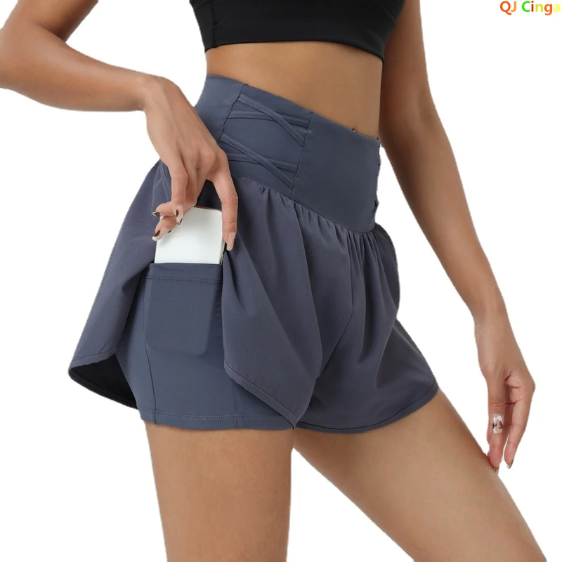 Pantalones cortos deportivos de cintura alta de dos piezas para vacaciones de verano para mujer, pantalones cortos para correr de Fitness antiexposición, transpirables y cómodos