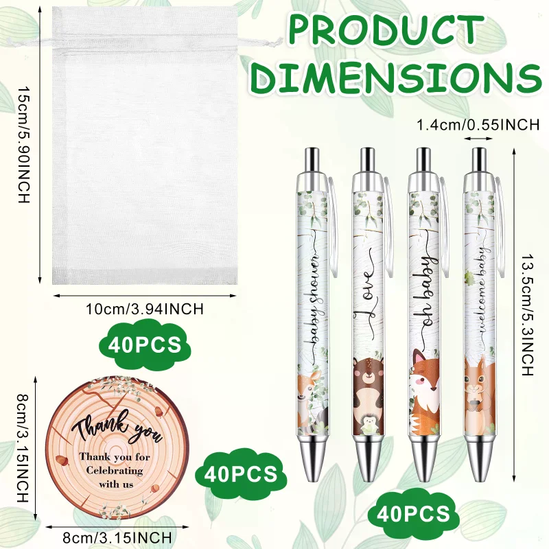 

40 комплектов сувениров для детского душа, подарков для гостей включает 40 шариковых ручек с дикими животными, 40 поздравительных открыток с благодарностью, 40 сумок из органзы