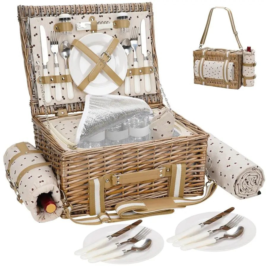 

Picnic Basket for 4 Wicker Picnic Set with Waterproof Blanket amp Wine Bag Large Picnic Hamper with Insulated Cooler amp Cutlery