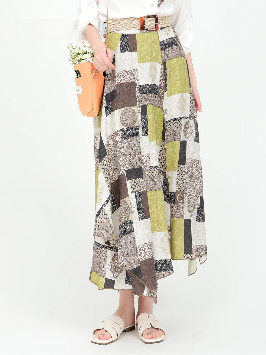 

Dailanzhi Spring 2025 New Vintage Print Asymmetrical A-Line Midi Skirt High Waist Loose Elastic Waist Ladies Skirts