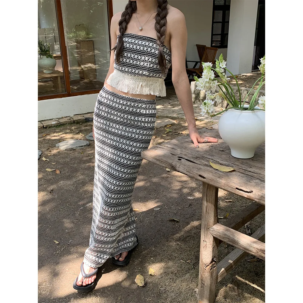 

Korobov Personality Two Piece Set for Women Striped Fringe Chest Skirt Summer New Knitted Suit Korean Fashion Conjuntos Curtos