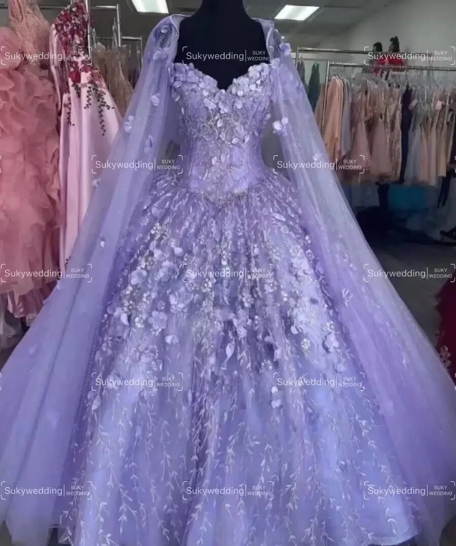 3D Flowers Princess Quinceanera Dresses With Detached Cape Off Shoulder Sequins Sweet 15 Birthday Ball Gowns Mexico Customized