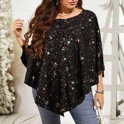 Christmas Women Star Hot Stamping Top Asymmetrical Hem Plus Size Round Neck Autumn/Winter Cloak Loose 3/4 Sleeve Sweater T-shirt