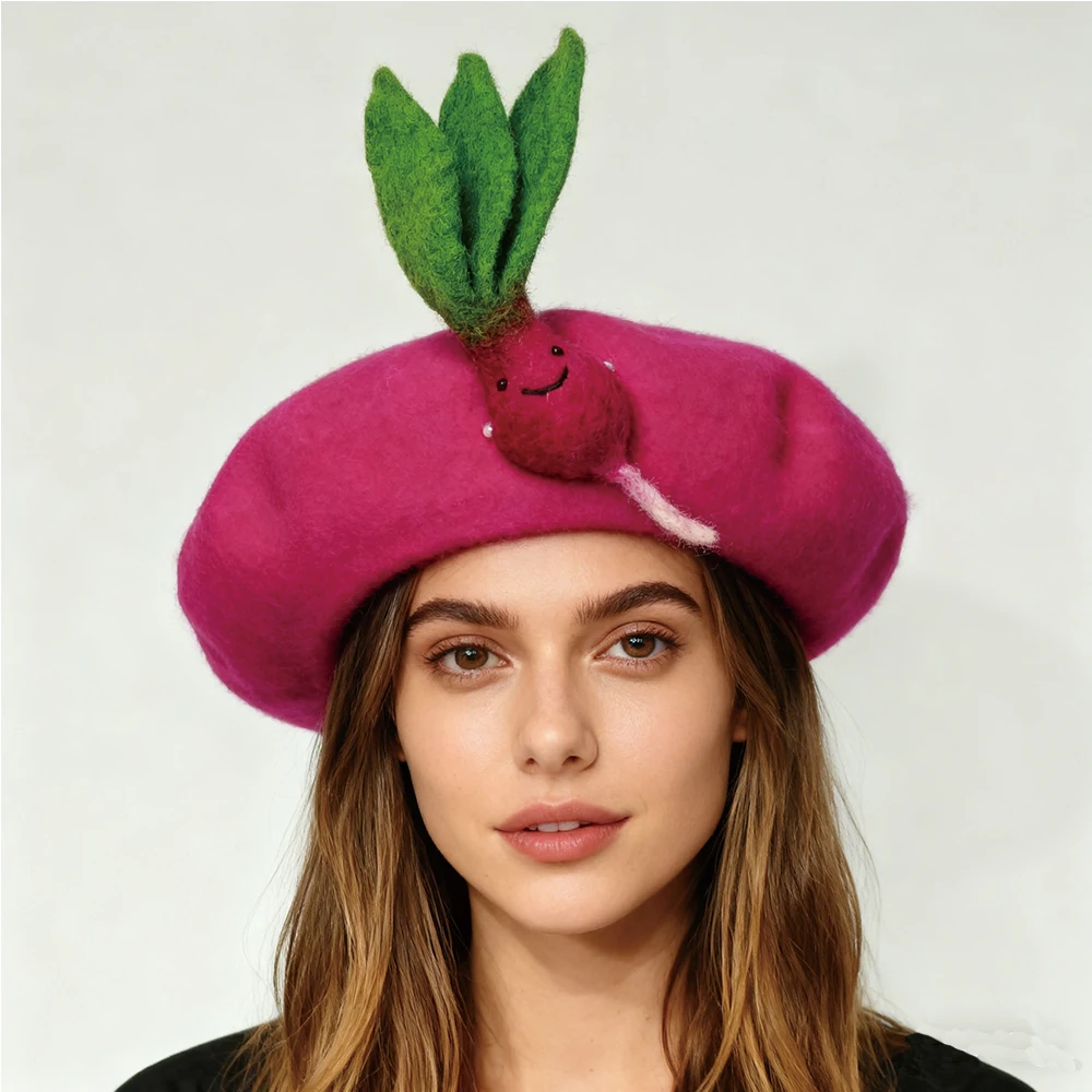 Broccoli Wool Women's Beret DIY Lovely Party Gift Original Design Handmade Hat Rabbit Ear Beret Fashion Artist Hat