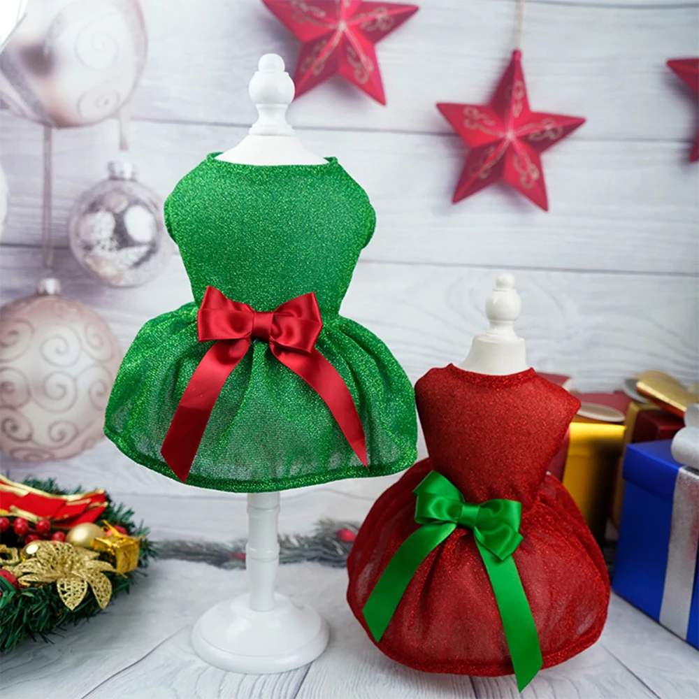 Merry Christmas Dog Dress Sparkling Bow Skirt For Puppy Chihuahua Pullover Festive Outfit Pet Christmas Dress DIY Dog Clothes