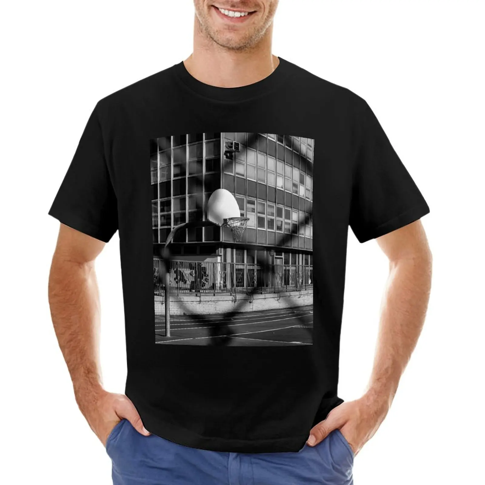 

Basketball: Black and white Street Photography image of basketball court T-Shirt anime t shirts t shirt men 100℅ cotton