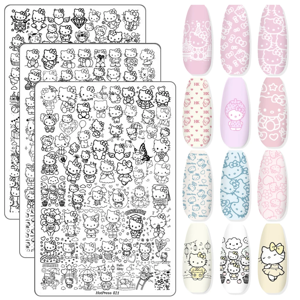 

1pcs Cartoon Hello Kitty Nail Art Stamping Plates, Multi-Design Polka Dot Bow Kitty Nail Stencils, Reusable Steel Nail Templates