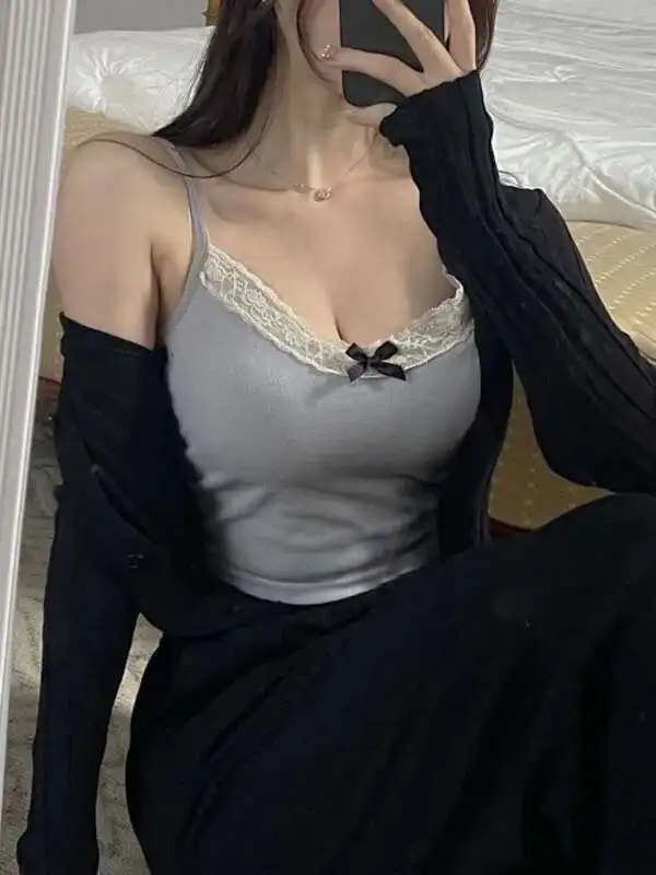 Summer Korean 2025 Version New V-neck Bow Lace Splicing Sling Vest Women Cinching Waist Solid Slim Casual Sweet Short Top 6LKD