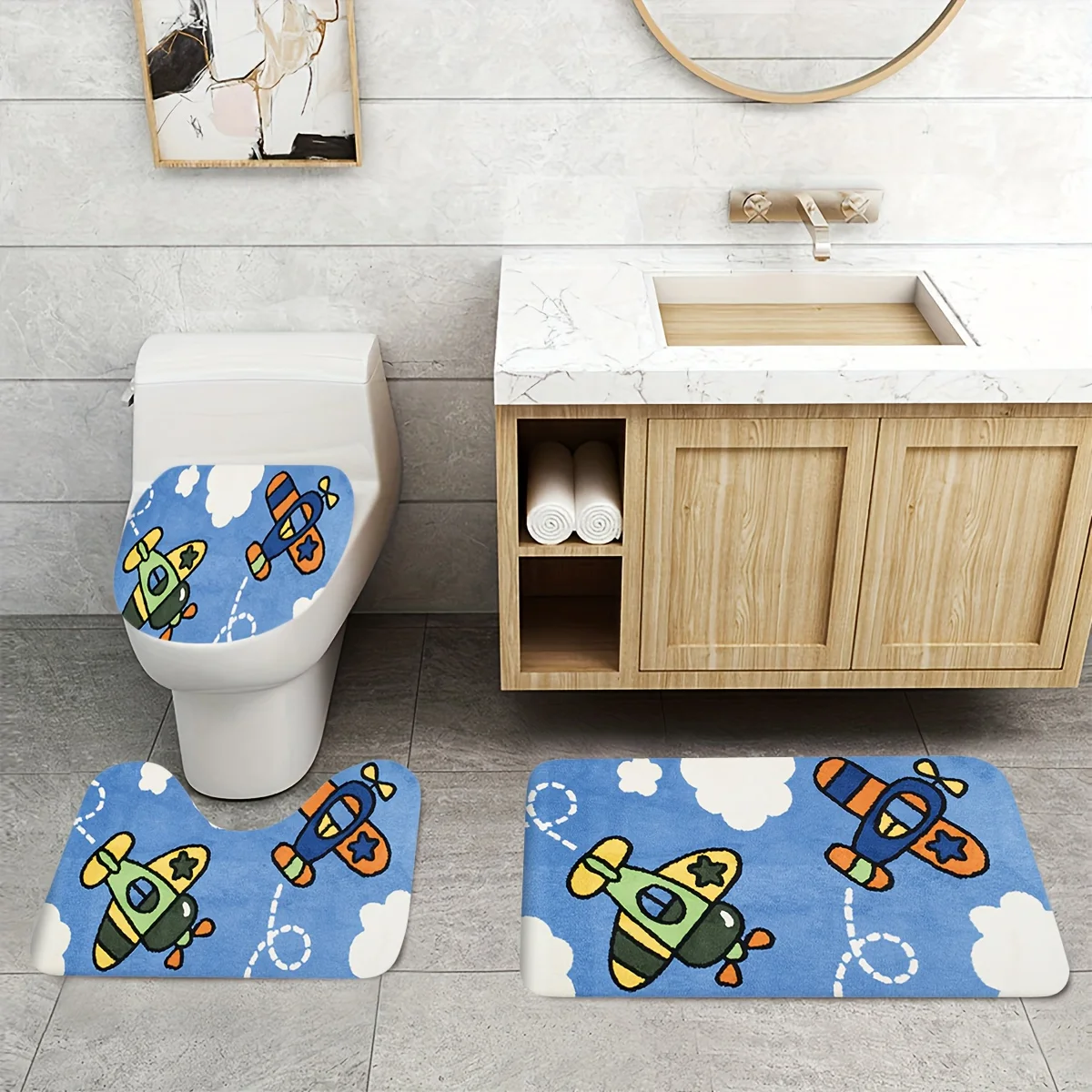 

Набор для ванной из 3 предметов «Самолеты» – дизайн «Голубое небо и мультяшные самолеты», мягкий фланелевый чехол для унитаза, коврик для унитаза и напольный коврик, нескользящий детский декор
