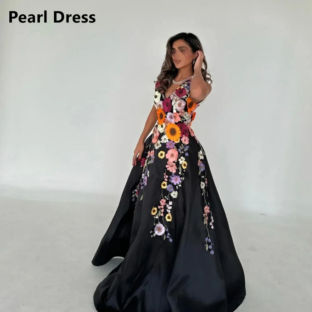 Pearl Floral Lace Luxurious Women's Evening Dresses Woman Elegant Party Dresses 2024 for Wedding Black Line A Sleeveless Dress