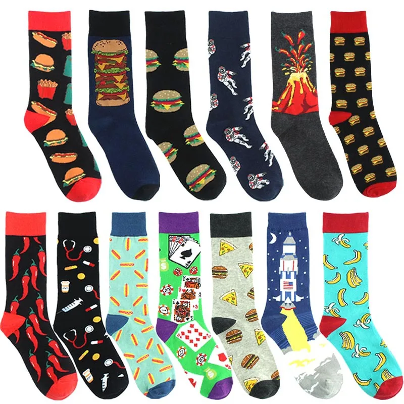 Foreign Trade Cross-border New Food Burger Fries Astronaut Rocket Volcano Medical Equipment Pattern Men's Socks