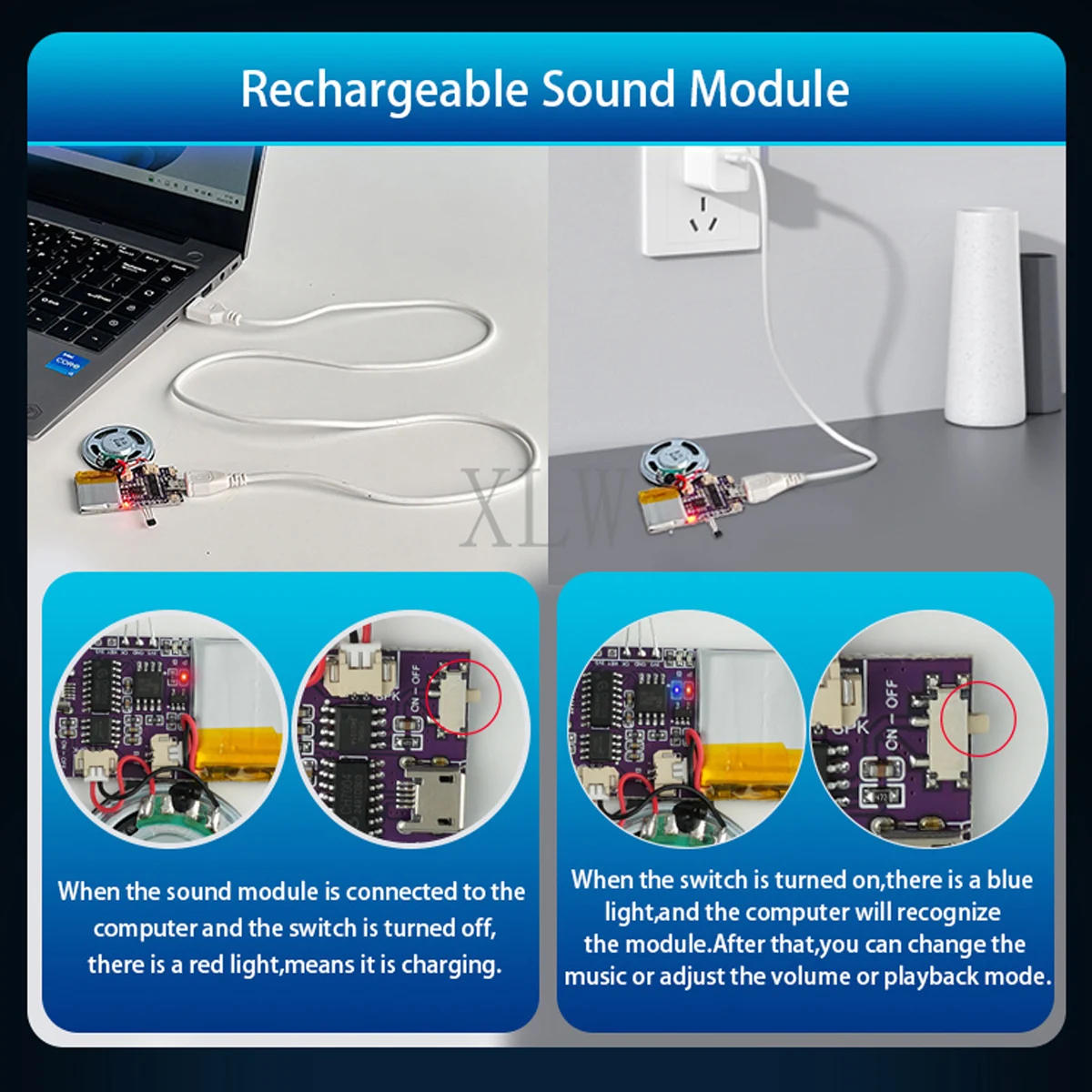 Voice Module, 4MB/16MB Music Sound Chips USB Download Magnet Control MP3 Songs Playback for Christmas Birthday Card Toys Gift