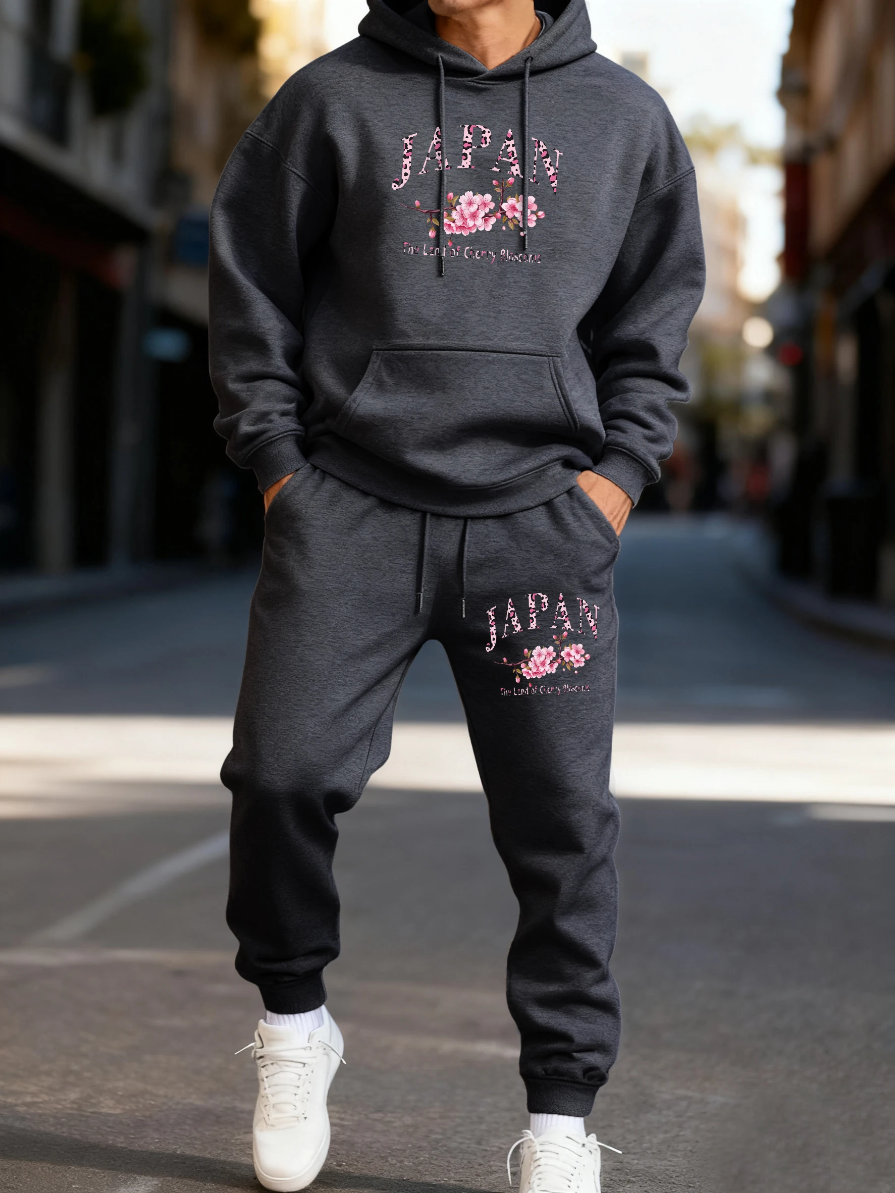 Conjunto de Sudadera con Capucha para Hombre con Estampado de Leopardo Rosa y Diseño de Flor de Cerezo Japonés, Pantalones Deportivos Holgados de Felpa para Otoño