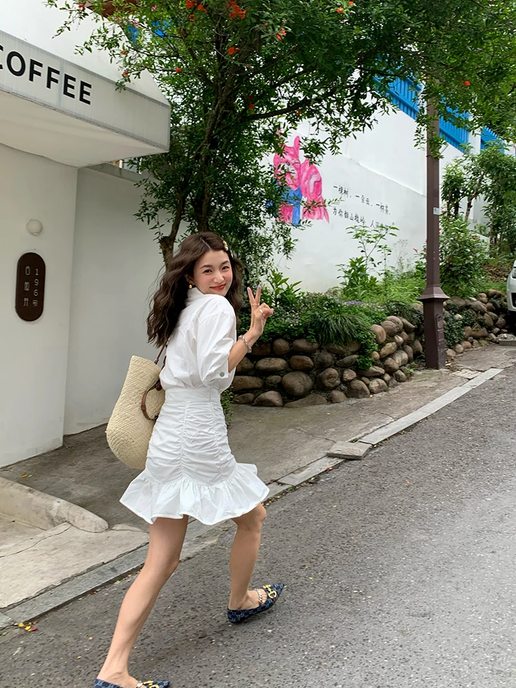 

White Shirt Dress Women's High Waist Cotton Blend Summer New Style Button Detail Collar A-Line Skirt Casual Style