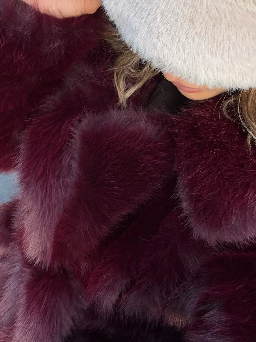 Winter High Quality Long Faux Fur Jacket Coat Women Warm Burgundy Belted Maxi Jacket Lapel Plush Loose Overcoat Luxury Outwear