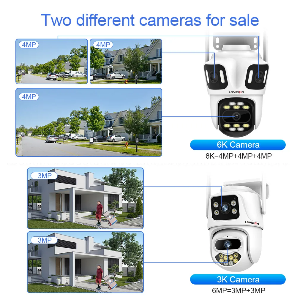 LS VISION 12MP 6K Three Screens WiFi Linkage Camera Outdoor Three Lens PTZ Auto Tracking Security Cameras Alexa iCSee App