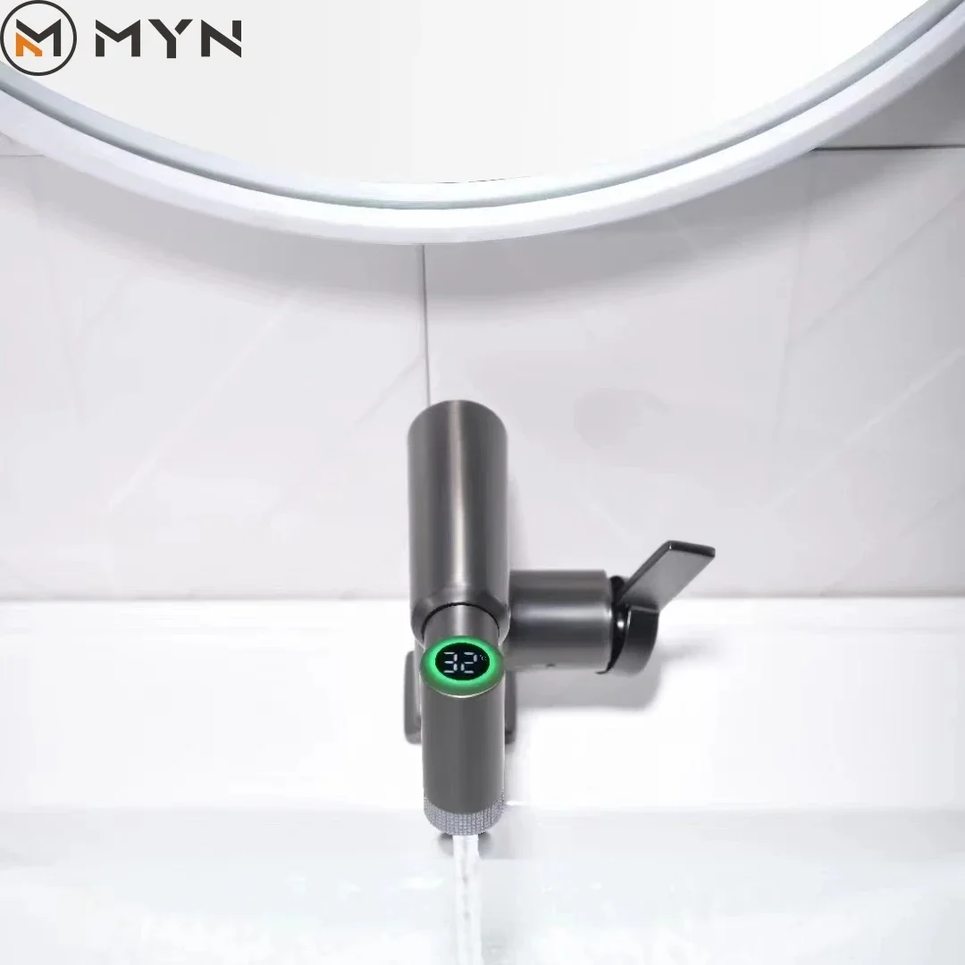 Gunmetal Change Color Rotatable Digital Temperature Display Bathroom Basin Faucet with Hot Cold Water Pull Bathroom Sink Mixer