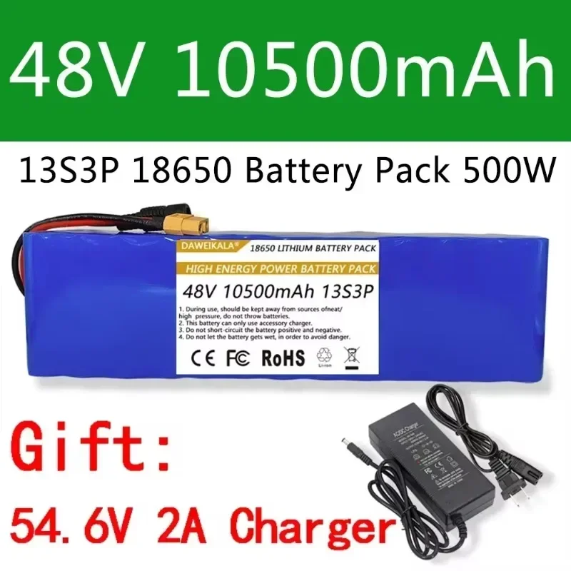 

48V Battery 10.5Ah 13S3P XT60 18650 Lithium ion Battery Pack For 54.6v E-BK with BMS charger