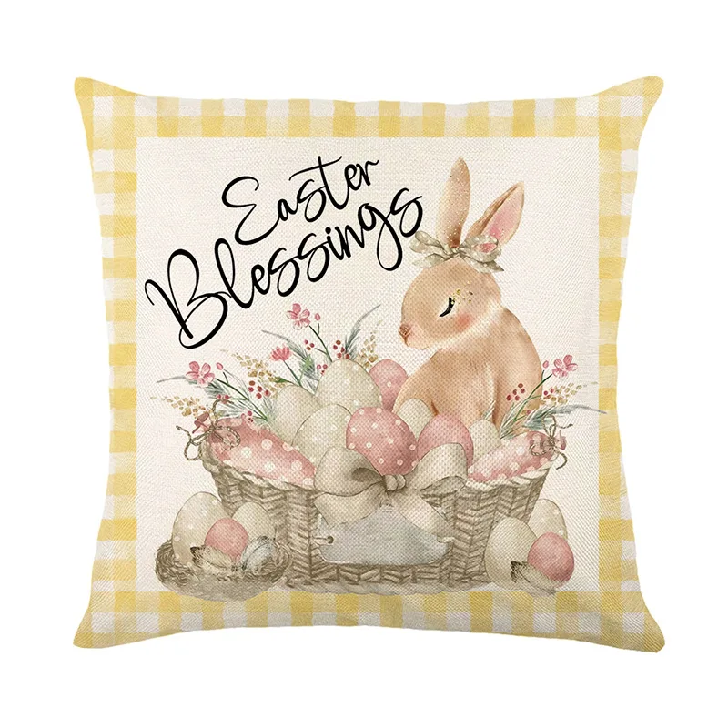 Easter Pillow Covers 18x18 Bunny Eggs Spring Decor for Living Room Sofa Couch Bed Buffalo Plaid Indoor Outdoor Happy Home Decor