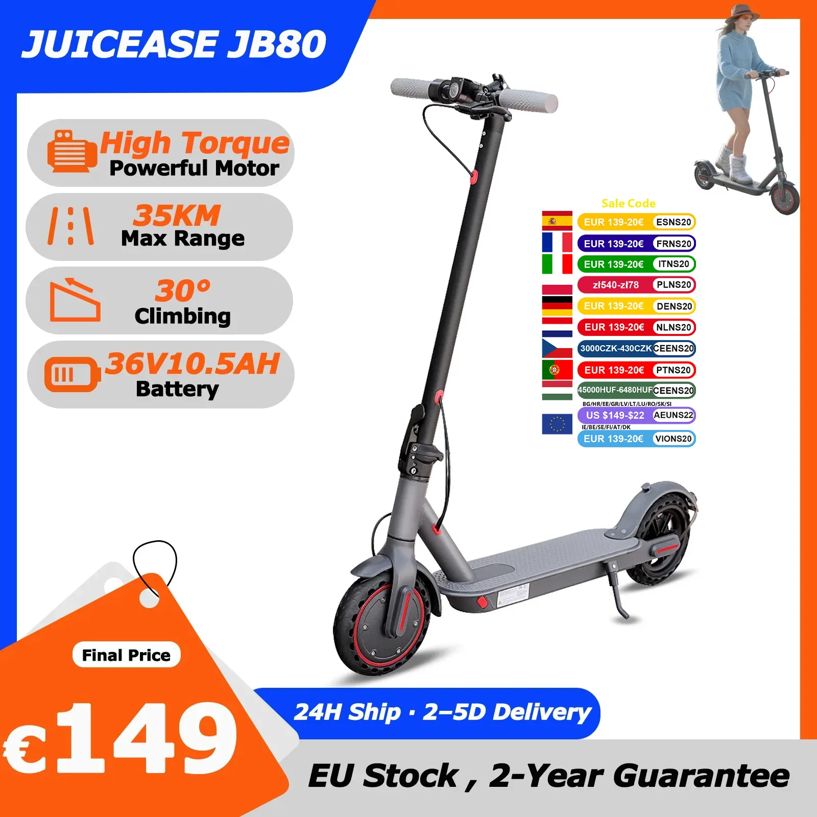 JUICEASE JB80 Elektroroller Leistungsstarker Motor 35KM Reichweite 36V10.5Ah Hochleistungsakku 8,5 Zoll Reifen mit TUYA APP Faltbarer E-Scooter