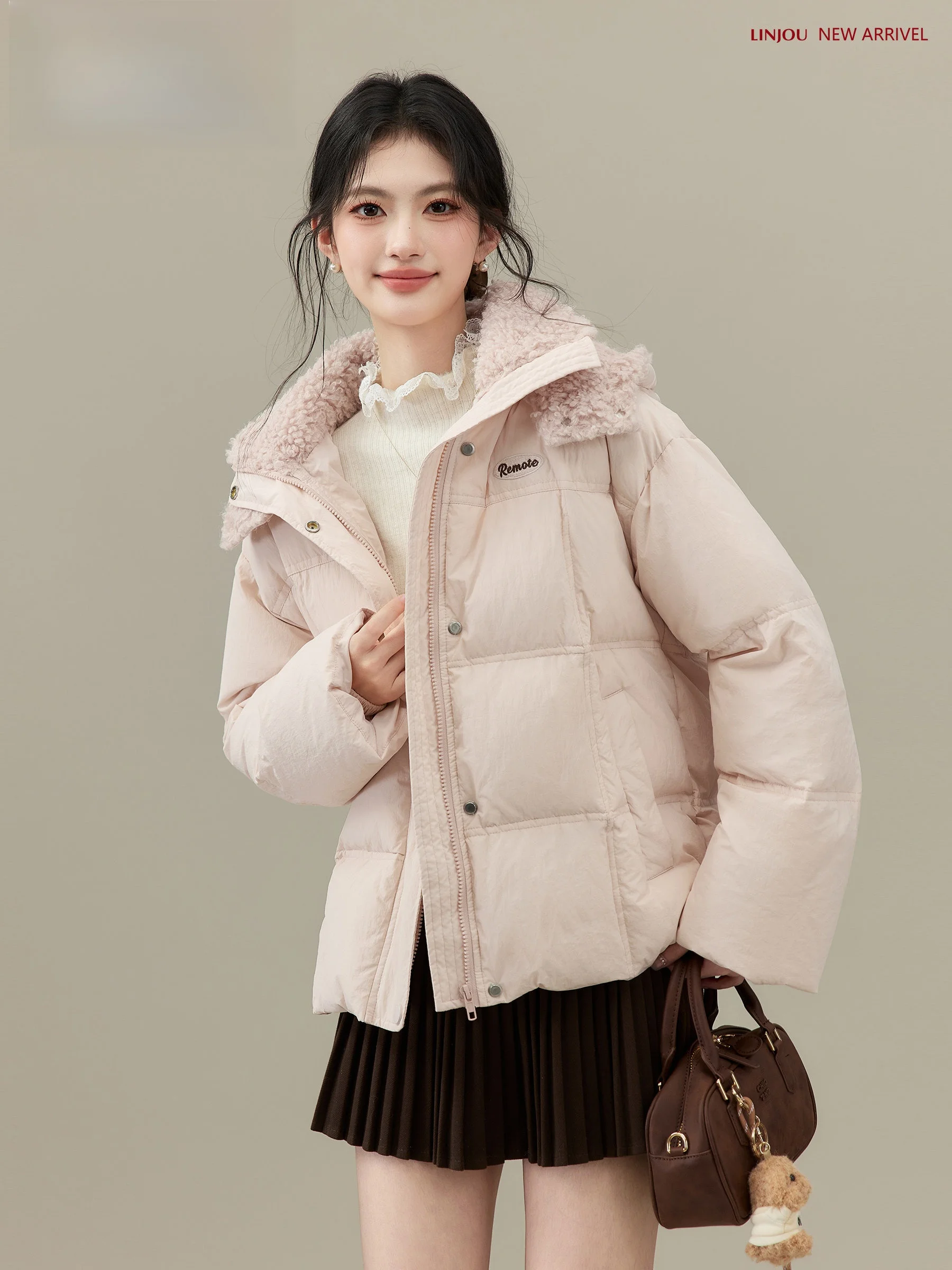 

Pink Lamb Fur Patchwork down Jacket Women's 90 White Duck down Spring Small Size Outerwear Lingjiu Soft Cozy Long Sleeve Zipper