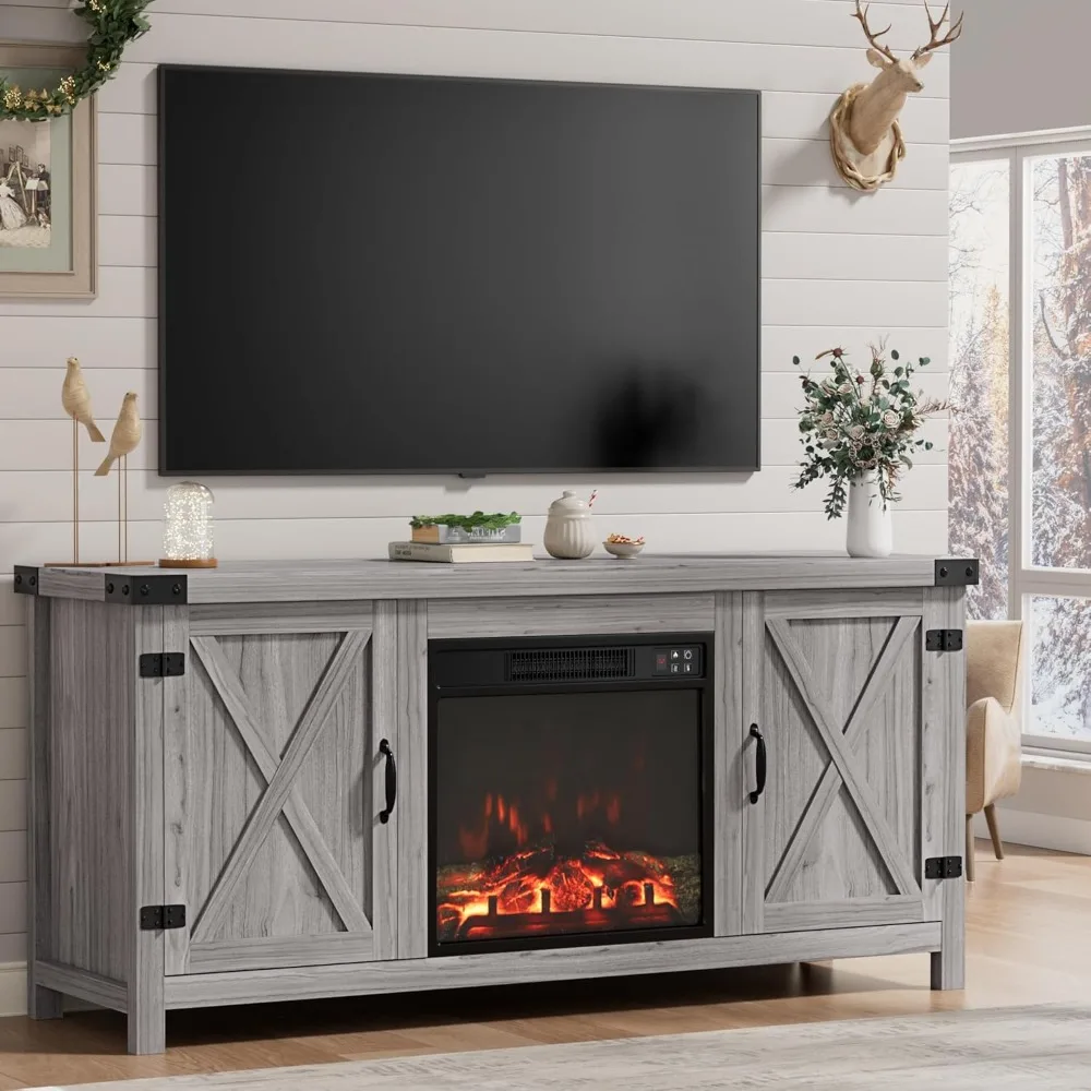 

Farmhouse Entertainment Center with Grooved Barn Doors, Rustic Media Console Table with Storage Cabinets for Living Room