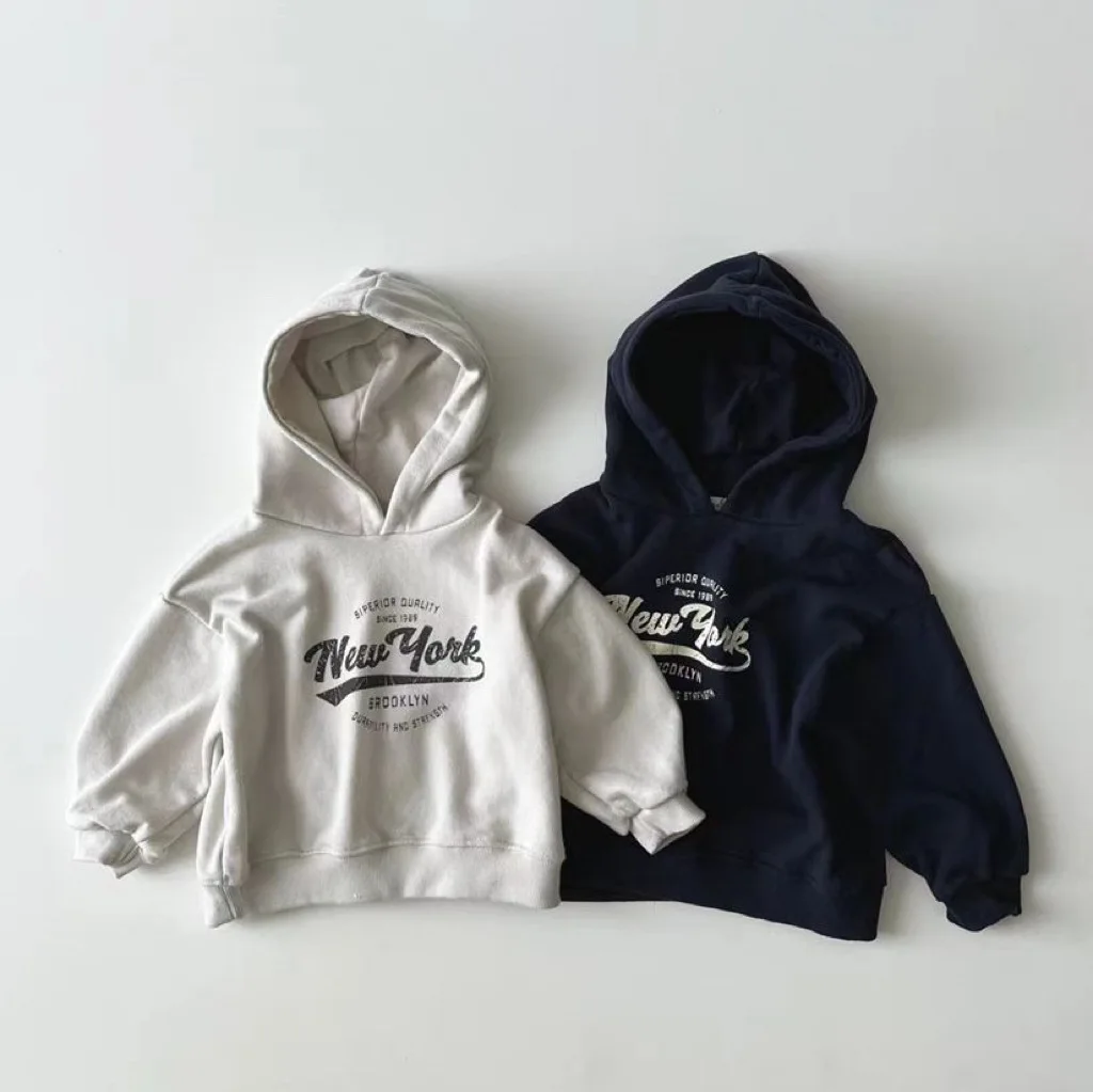 

Осенняя новинка 202, детская толстовка с капюшоном и длинными рукавами, детская повседневная толстовка с буквенным принтом для мальчиков и девочек, свободные топы, одежда для младенцев