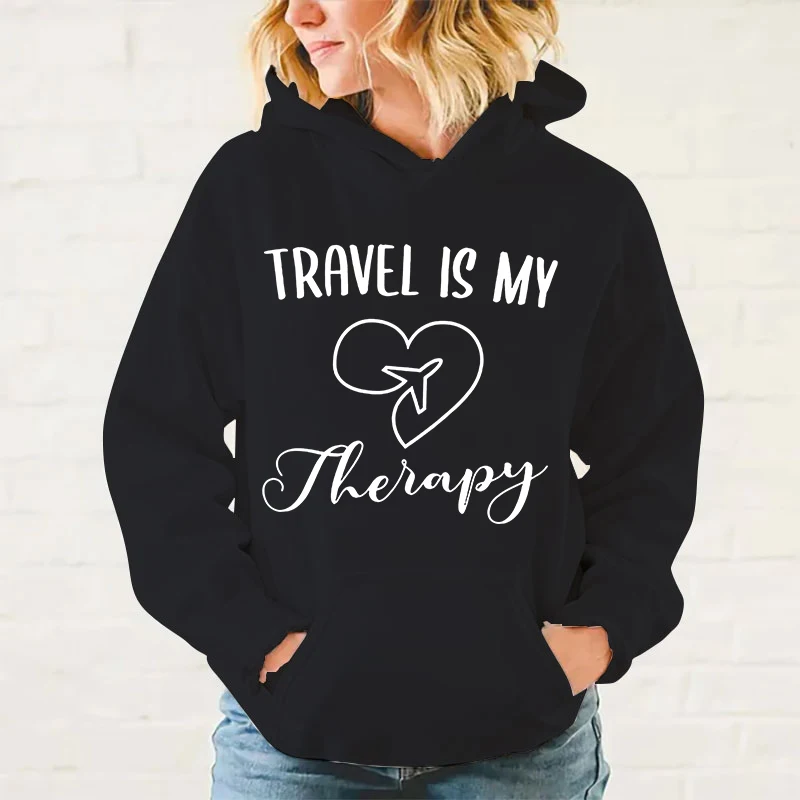 New Travel Is My Therapy Pattern Print Hoodies For Women Fashion Casual Sports Sweatshirts Ladies Pullovers Tops