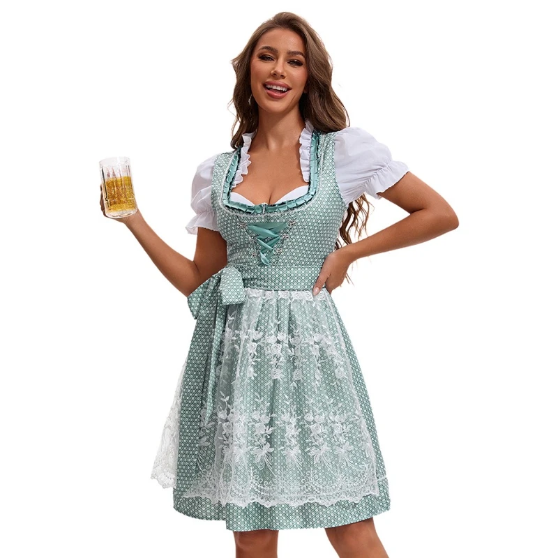 Abito da donna multicolore dell'Oktoberfest di Monaco 2025, gonna da birra tradizionale bavarese con stampa etnica con top e grembiule, costume da cameriera
