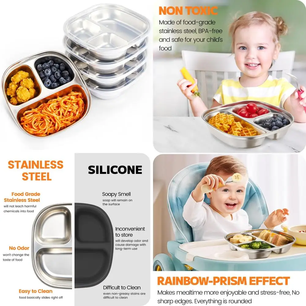 

stainless steel kids plates - 5 pack toddler plates with lids - non toxic & divided (stainless steel)