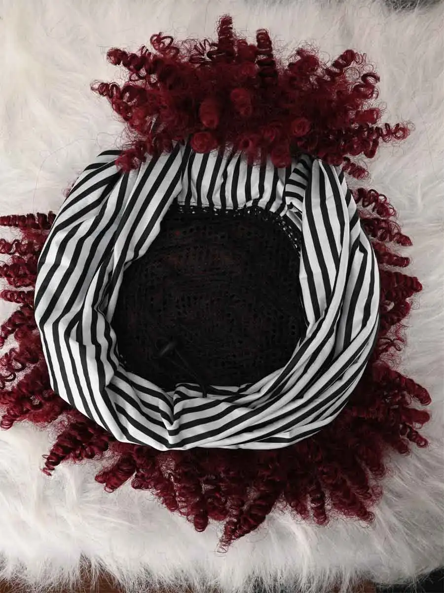 Headband Wig Curly Headband Wig With Bangs For Women Synthetic Afro Curly Hair Wig With Headband Attached Short Kinky Curly Afro High Puff With Bangs Stripes Short Red Curly Wigs with Bangs for Women, Natural Wavy Synthetic Wig, Fluffy Pixie Cut