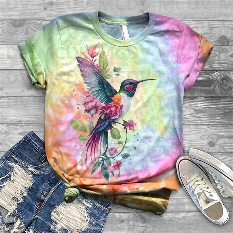 

Women's Hummingbird Tie Dye Print Crew Neck T-shirt 3D All Over Printed Summer Women's T Shirts