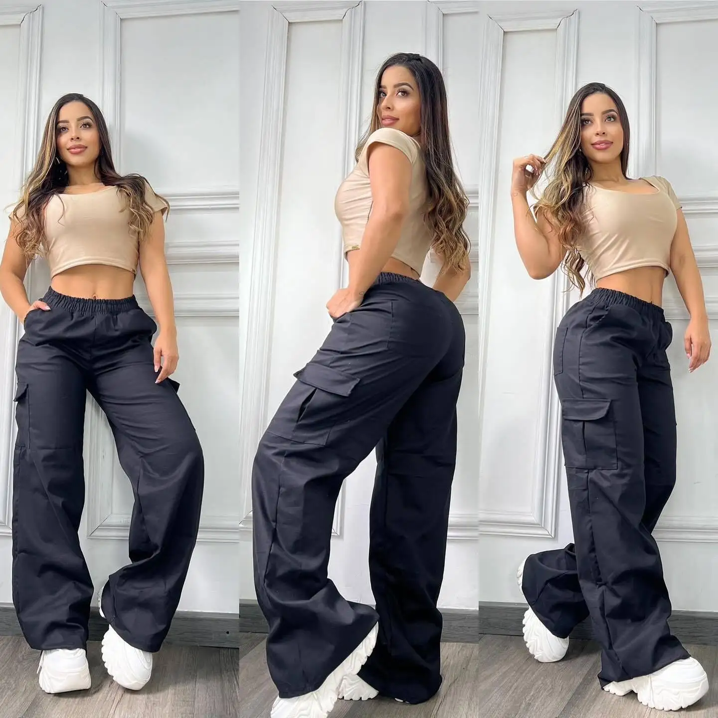 Women Pants Solid Capris Pocket Mid Elastic Waist Full Length Slight Strech Cargo Pants Loose Fit Casual Streetwear 2026 Spring