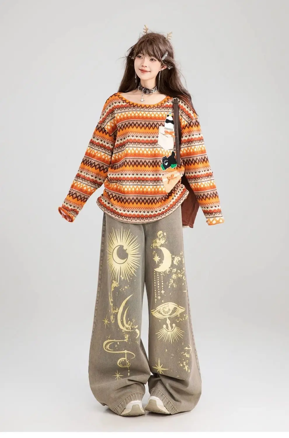 جينز بنات موضة الطباعة الكتابة على الجدران الكورية الجديدة خمر نمط فضفاض المرأة الجينز بنطال ذو قصة أرجل واسعة