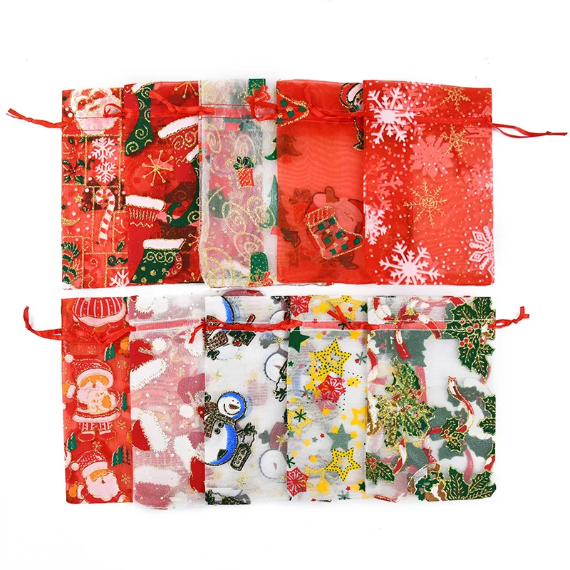 10/20Pcs 15x10cm Christmas Organza Bag Santa Claus Xmas Tree Printed Candy Gift Bag Jewelry Packing Drawstring Pouches New Year