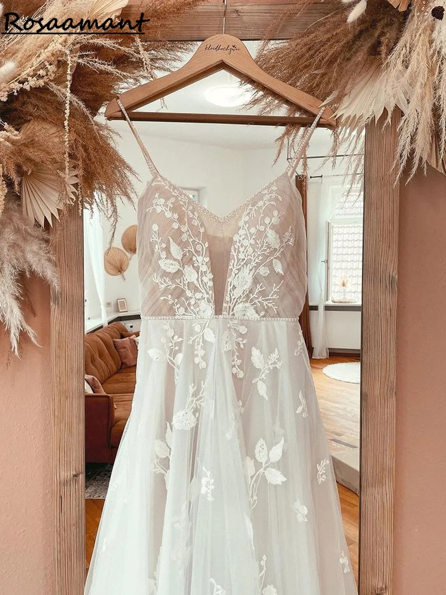 2023 A Line Boho Blush Pink Wedding Dress Spaghetti Straps Lace Tulle V Neck Sleeveless Open Back trouwjurk Robe de mariee