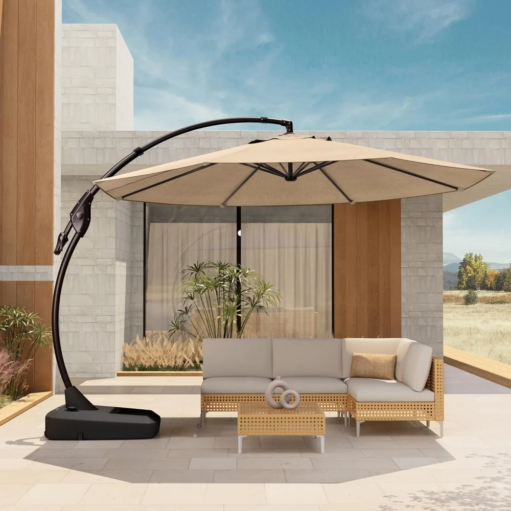 

12 FT Patio Cantilever Umbrella Outdoor Large Round Aluminum Offset Umbrella Base Included for Deck Yard (Champagne, 12 FT)