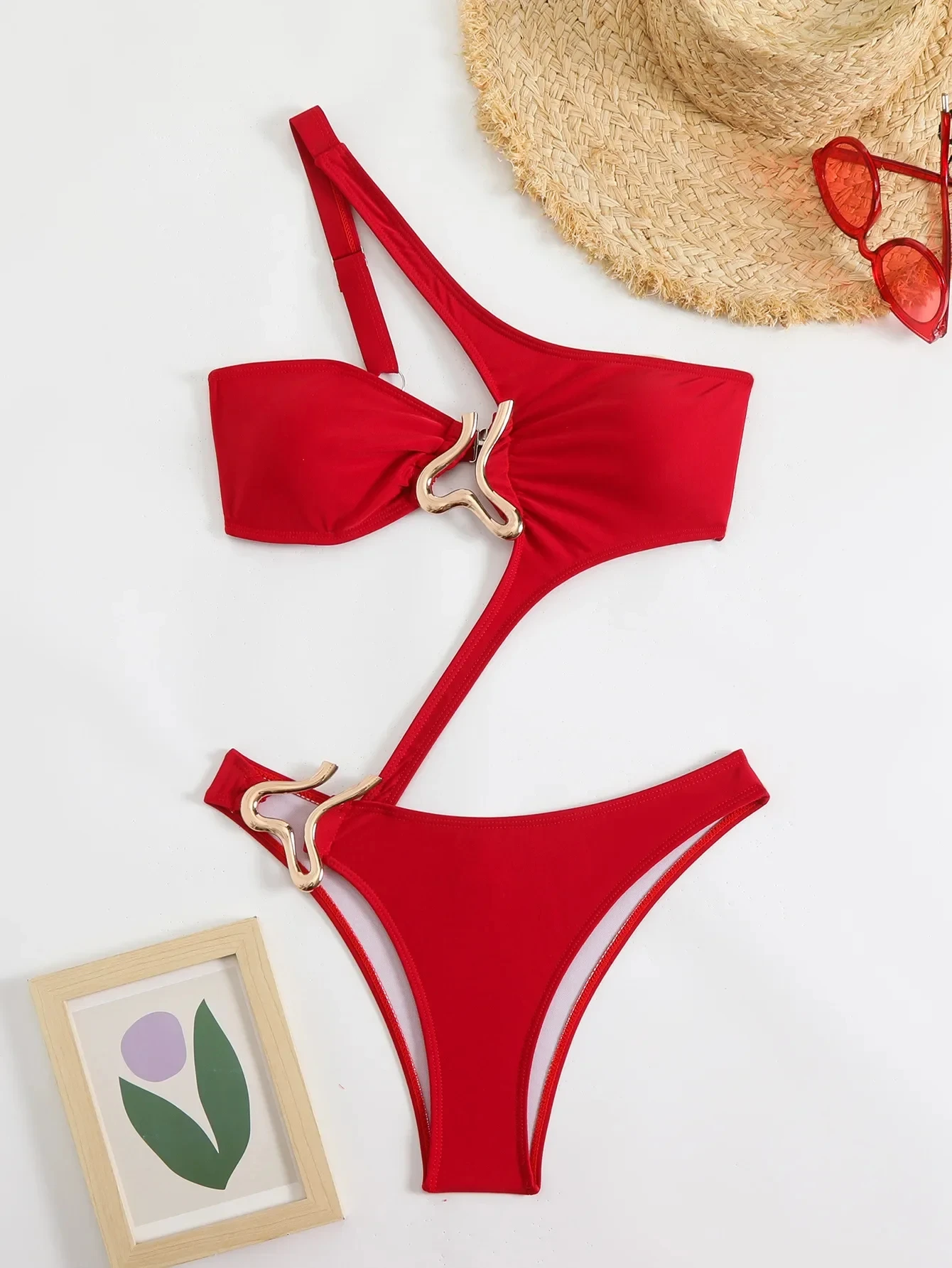 セクシーな黒のホローアウトビキニ 2025 レディース ワンショルダー メタルデザイナー バックレス Tバック ワンピース水着 サマー水着