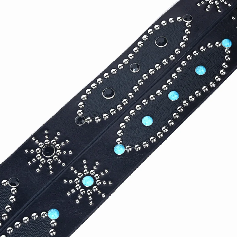 Men's Fashion 4.5cm Wide Genuine Leather Belt First Layer Cowhide Imitation Turquoise Inlay Rivet Punk Belt For Jeans