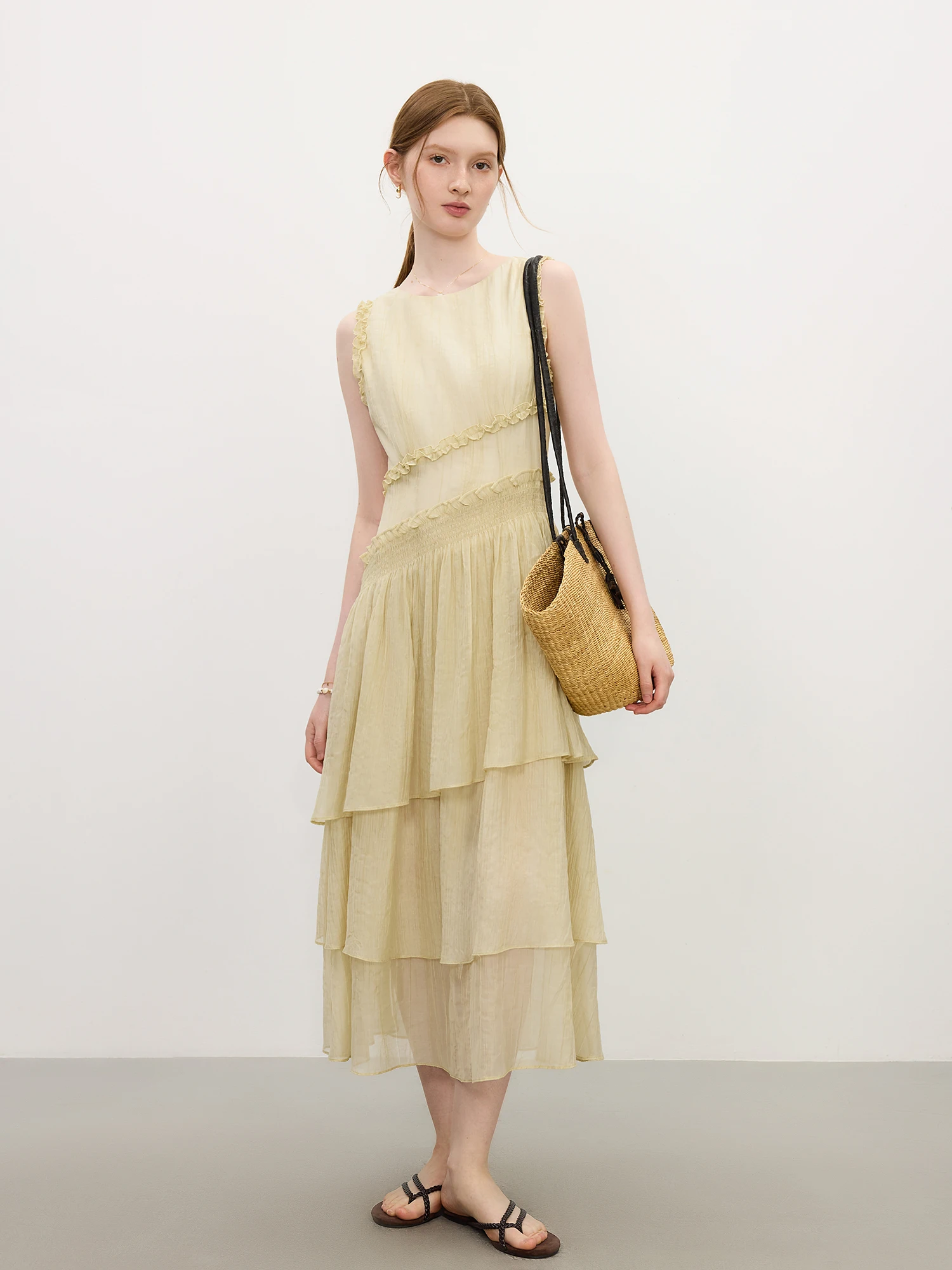 2026 Textured Pleat Dress - Fluid Asymmetric Hem Sleeveless Resort to Office Elegant Silhouette​ ​FSLE Summer