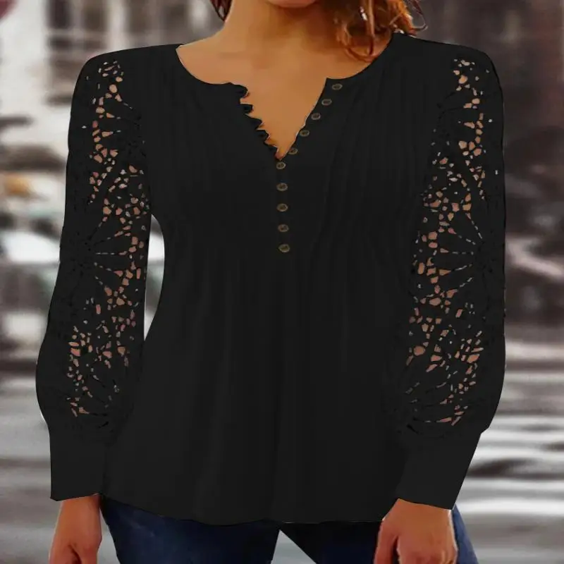 

Plus Size Women Long Sleeve V-neck Floral Lace Top