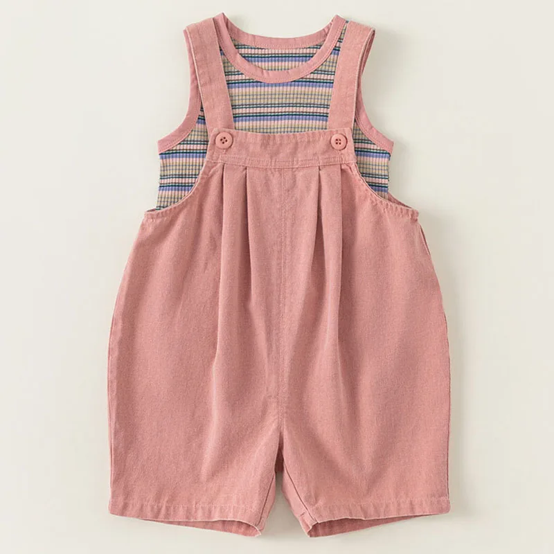 

2Piece Set Summer Little Girl Clothes Korean Fashion Casual Stripe Sleevelss Baby Tops+Pink Overalls Kids Boutique Clothing B170