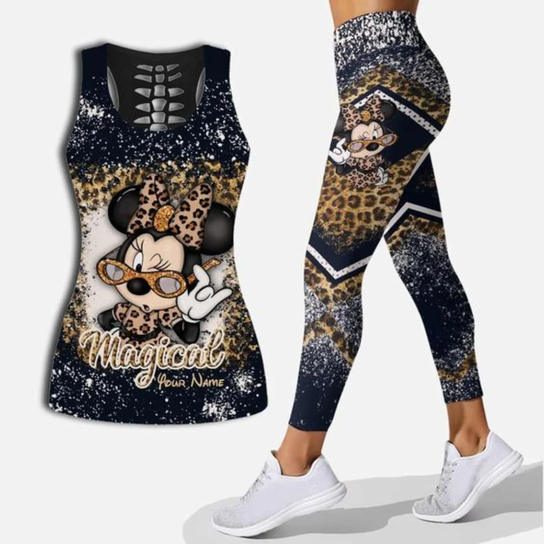 Minnie Mickey Women's Hollow Vest Women's Leggings Yoga Suit Fitness Leggings Sports Suit Disney Tank Top Legging Set Outfit