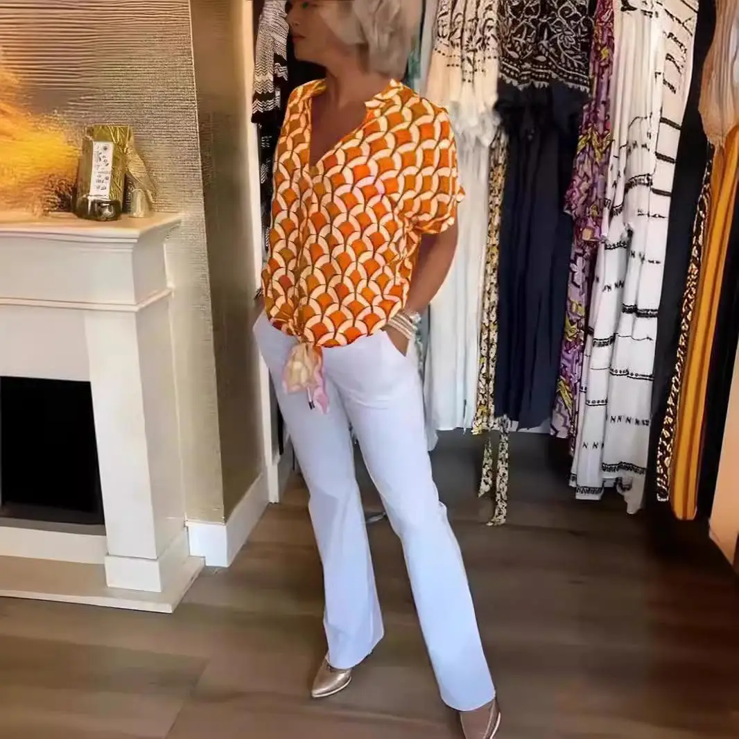 Damska koszulka z nadrukiem, do pracy, sportowa, z poliestru, wzór w romby, damska koszulka z kołnierzykiem, codzienna, modna, letnia koszulka.