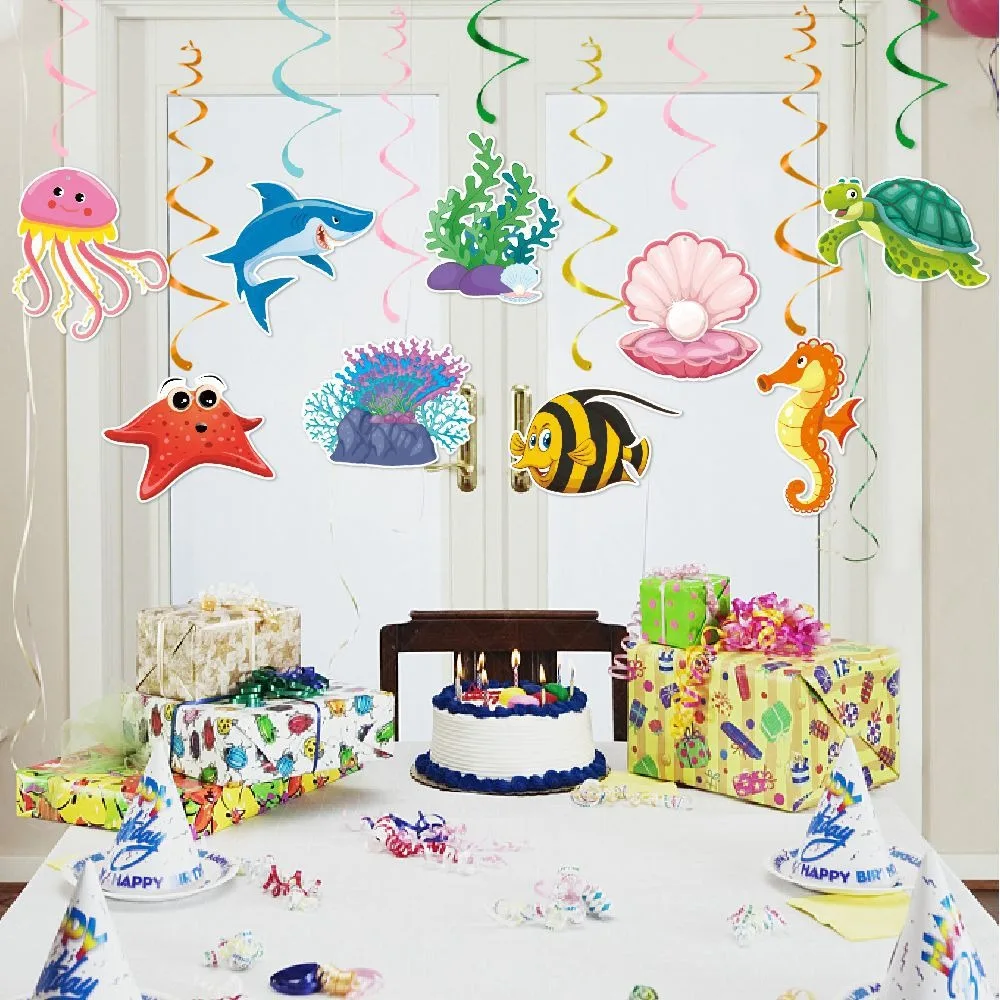 

Ocean Animals Theme Birthday Party Decors Shell Seaweed Shark Jellyfish Spiral Pendant Under The Sea Happy Birthday Party Banner